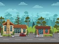 Seamless cartoon street landscape, vector unending background with separated layers. Royalty Free Stock Photo