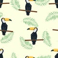 Seamless cartoon toucan pattern and tropical palm leaves. Jungle and birds background. Vector illustration print for textiles,