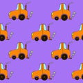 Seamless cartoon tractor pattern on a purple background