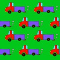 Seamless cartoon truck pattern on a green background. Royalty Free Stock Photo