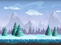 Seamless cartoon winter landscape background endless ice, snow h Royalty Free Stock Photo