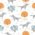 Seamless cartoon woodland pattern with wolf and trees. Royalty Free Stock Photo