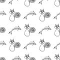 Seamless cat and fishbone Halloween outline, great design for any purposes. Line art design template with black seamless cat and