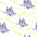 Seamless with cathedral Santiago de Compostela with yellow arrows