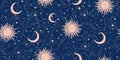 Seamless celestial background with stars, sun and moon. Blue seamless astrological pattern for tarot, boho ornament for