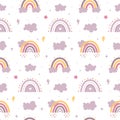 Seamless celestial cute vector pattern with rainbows, clouds, rain, stars, hearts