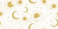 Seamless celestial golden pattern on a white background, golden sun and moon with stars. Astrology ornament for tarot