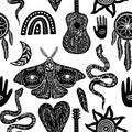 Seamless celestial pattern, black and white boho symbols seamless pattern. Silhouettes of rainbow, guitar, moth, hand, snake,