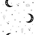 Seamless celestial pattern with moons, stars and crystals. Mystic black and white vector illustration