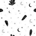 Seamless celestial pattern with moons, stars and crystals. Mystic black and white vector illustration