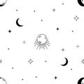 Seamless celestial pattern with moons and stars. Mystic black and white vector illustration Royalty Free Stock Photo