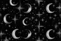 Seamless Celestial Pattern with Silver Moon and Stars on Dark Grey Background Royalty Free Stock Photo