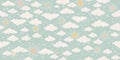 Seamless celestial pattern with sun, moon, stars and clouds. Cute background for a card in pastel colors, ornament for Royalty Free Stock Photo