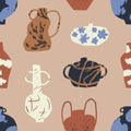 Seamless ceramics pattern. Handcrafted ceramic vases, pots, pottery with irregular shapes, rough textures, endless background Royalty Free Stock Photo