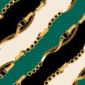 Seamless chains and green belts pattern. Repeat design. Curved waves, chains.