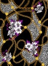 Seamless chains pattern with flowers, ready for print, fabric, textile design.