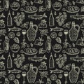 Seamless chalk style pattern with mediterranean traditional food - olive oil, vegetables, cheese, herbs and seafood