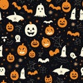 A seamless A charming Halloween pattern with a classic black backdrop displays a variety of smiling pumpkins, ghosts