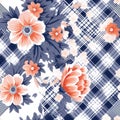 Seamless checkerboard pattern with flowers and leaves