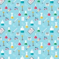 Seamless chemical pattern. Chemical glassware and reagents. Flat design. Vector