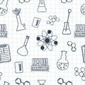 Seamless chemical pattern. Chemical glassware and reagents. Hand-drawn elements. Flat design. Vector Royalty Free Stock Photo