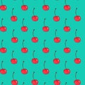 Seamless cherry berry pattern in nice bright colors. Hand drawn watercolor background on blue.