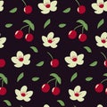 Seamless cherry pattern. Berries, leaves and flowers on dark purple background. Color vector illustration. Royalty Free Stock Photo