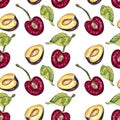 Seamless cherry pattern, ripe wine-colored watercolor cherries, cherry pattern with natural watercolor illustration.