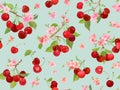 Seamless cherry pattern with summer berries, fruits, leaves, flowers background