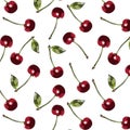 Color seamless pattern of cherries on a white background.