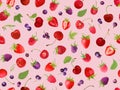 Seamless cherry, strawberry, raspberry, black currant pattern with summer berries, fruits, leaves, flowers background Royalty Free Stock Photo