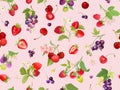 Seamless cherry, strawberry, raspberry, black currant pattern with summer berries, fruits, leaves, flowers Royalty Free Stock Photo