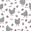 Seamless chicken pattern with hens and colored eggs. Ester vector illustration