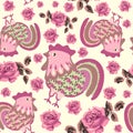 Seamless chicken shabby chic and roses pattern. Easter Holiday. Chinese zodiac 2017 year cock.