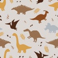 Seamless child dino pattern. Silhouettes of dinosaurs on a gray background. Backdrop for wallpaper, textile, fabric