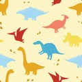 Seamless child dino pattern. Silhouettes of dinosaurs on a yellow background. Backdrop for wallpaper, textile, fabric