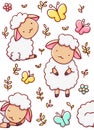 Seamless child pattern, cute sheep and butterflies hand drawn