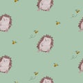Seamless child pattern with cute watercolor hedgehogs and bees