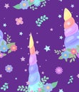 Seamless child pattern with rainbow unicorn horns with wreath of flowers and stars sparks on violet background. Rainbow decoration