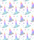 Seamless child pattern with rainbow unicorn horns with wreath of flowers and stars sparks on white background. Rainbow cone