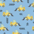 Seamless childish cartoon bulldozer pattern. Construction background