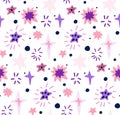 Seamless childish cosmos pattern with different stars on white background. Vector texture of the universe