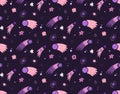 Seamless childish cosmos pattern with stars, comet and asteroid on dark violet background. Vector texture of the universe