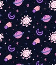 Seamless childish cosmos pattern with stars, comet, sun and saturn planet on dark violet background. Vector texture