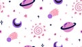 Seamless childish cosmos pattern with stars, comet, sun and saturn planet on white background. Vector texture of the universe