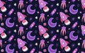 Seamless childish cosmos pattern with stars, moon, shuttle and satellite on dark violet background. Vector cartoon texture