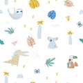 Seamless childish jungle pattern with koala, crocodile, and jungle florals