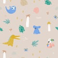 Seamless childish jungle pattern with koala, crocodile, sloth and jungle florals