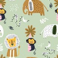 Seamless childish jungle pattern with lion, snake, elephant, monkey and palms. Perfect for fabric,textile. Creative Vector