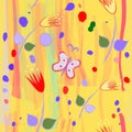 Seamless childish pattern with abstract tulips and butterfly